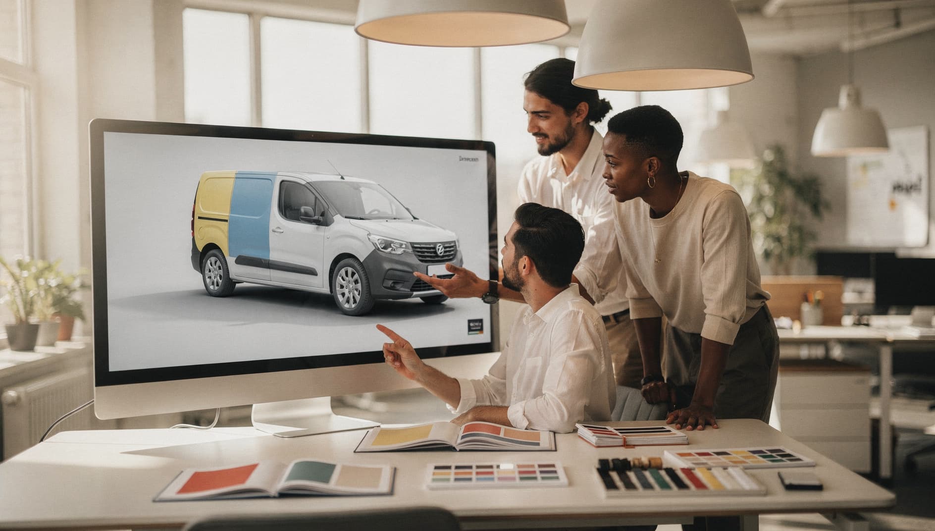 In-house brand team reviewing a 3D fleet vehicle preview