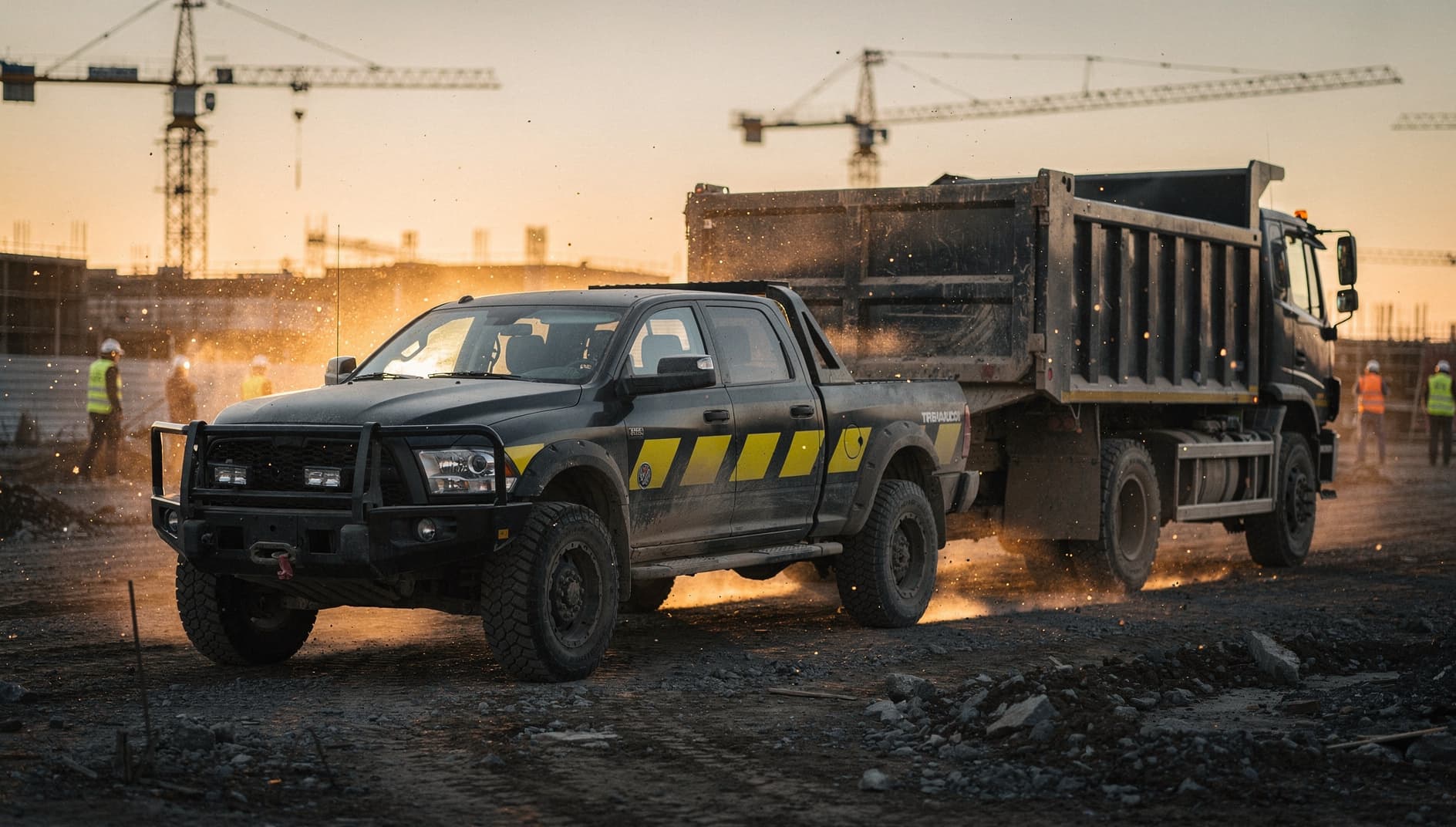 Wrapped pickup and dump truck on a construction site at dusk