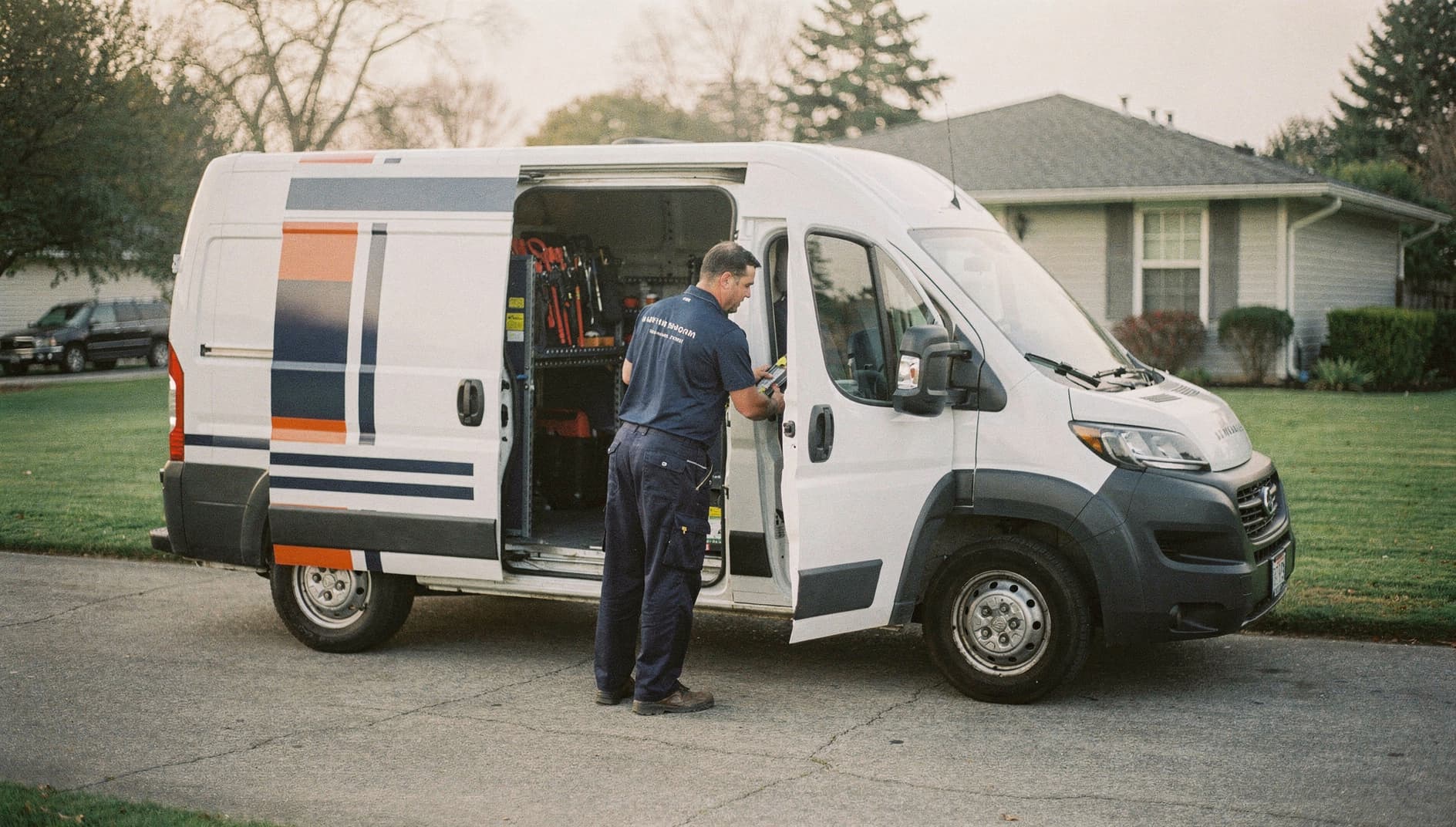 Wrapped HVAC service van parked in a suburban driveway